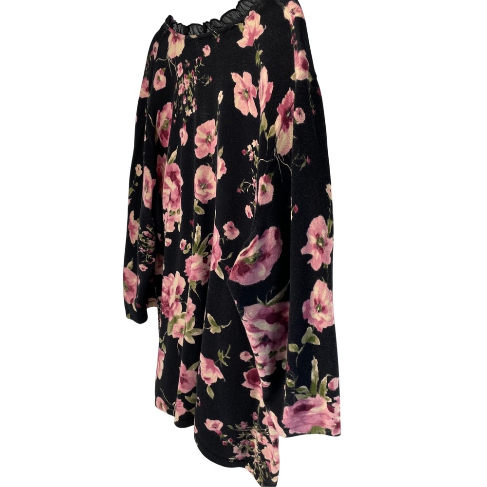 Chaps Womens 3X Black Pink Floral V-Neck Sweater Mesh Ruffle Trim 3/4 Sleeve - Picture 3 of 12